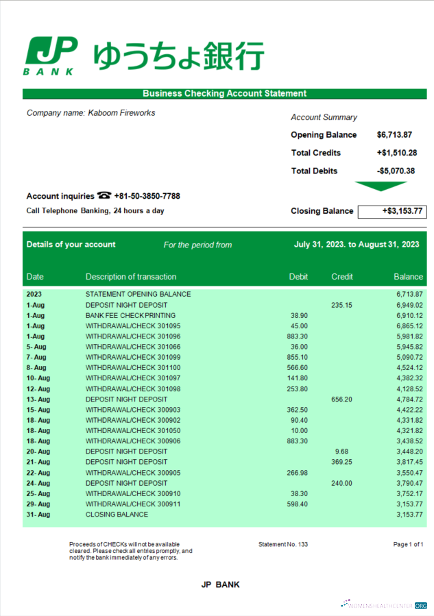 Download JP Bank (Japan Post Bank) organization statement Word and PDF template Photoshop template
